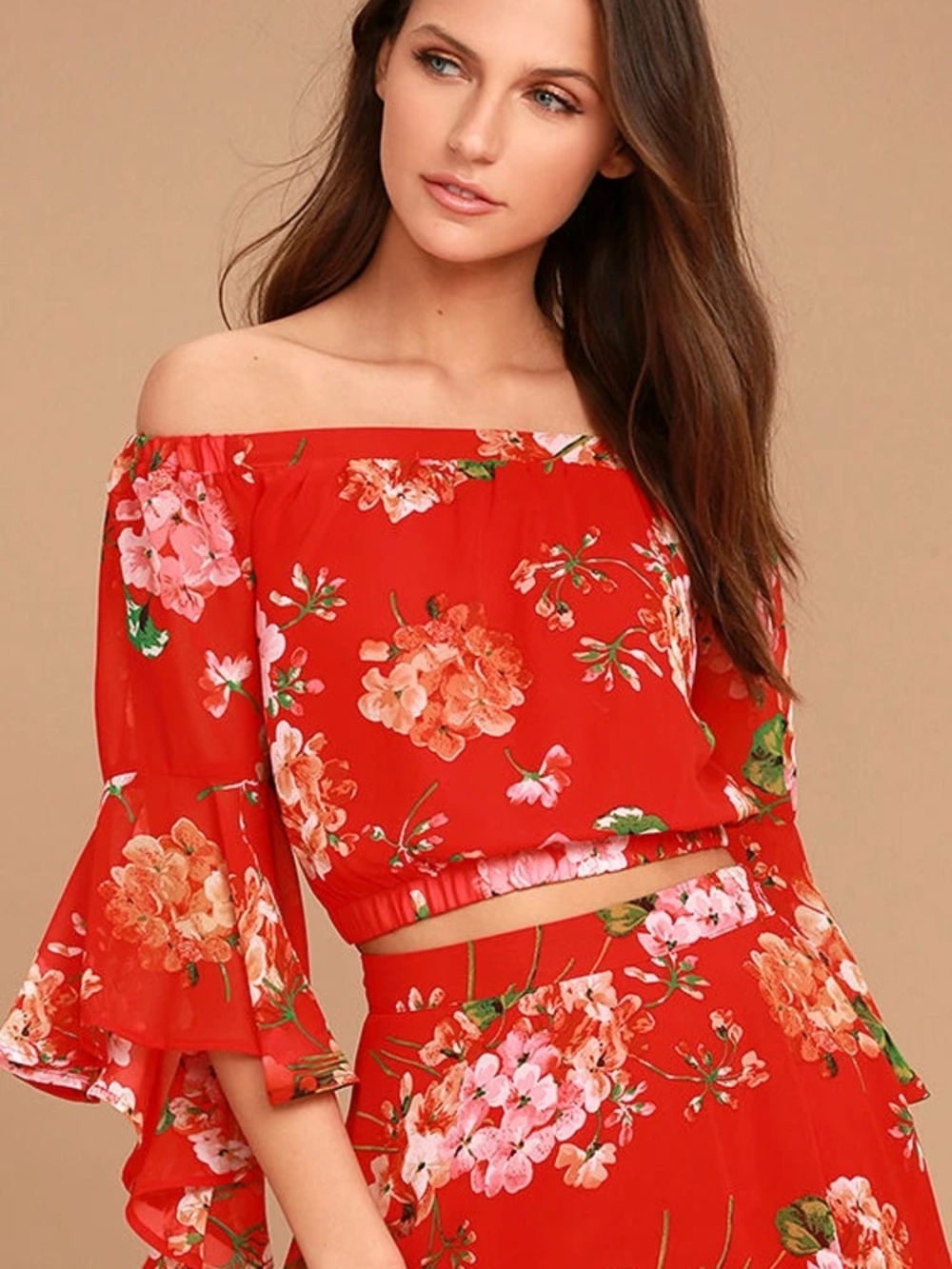 Lulus "Naturally Charming" Red Floral Off-The-Shoulder Crop Top | Size Small